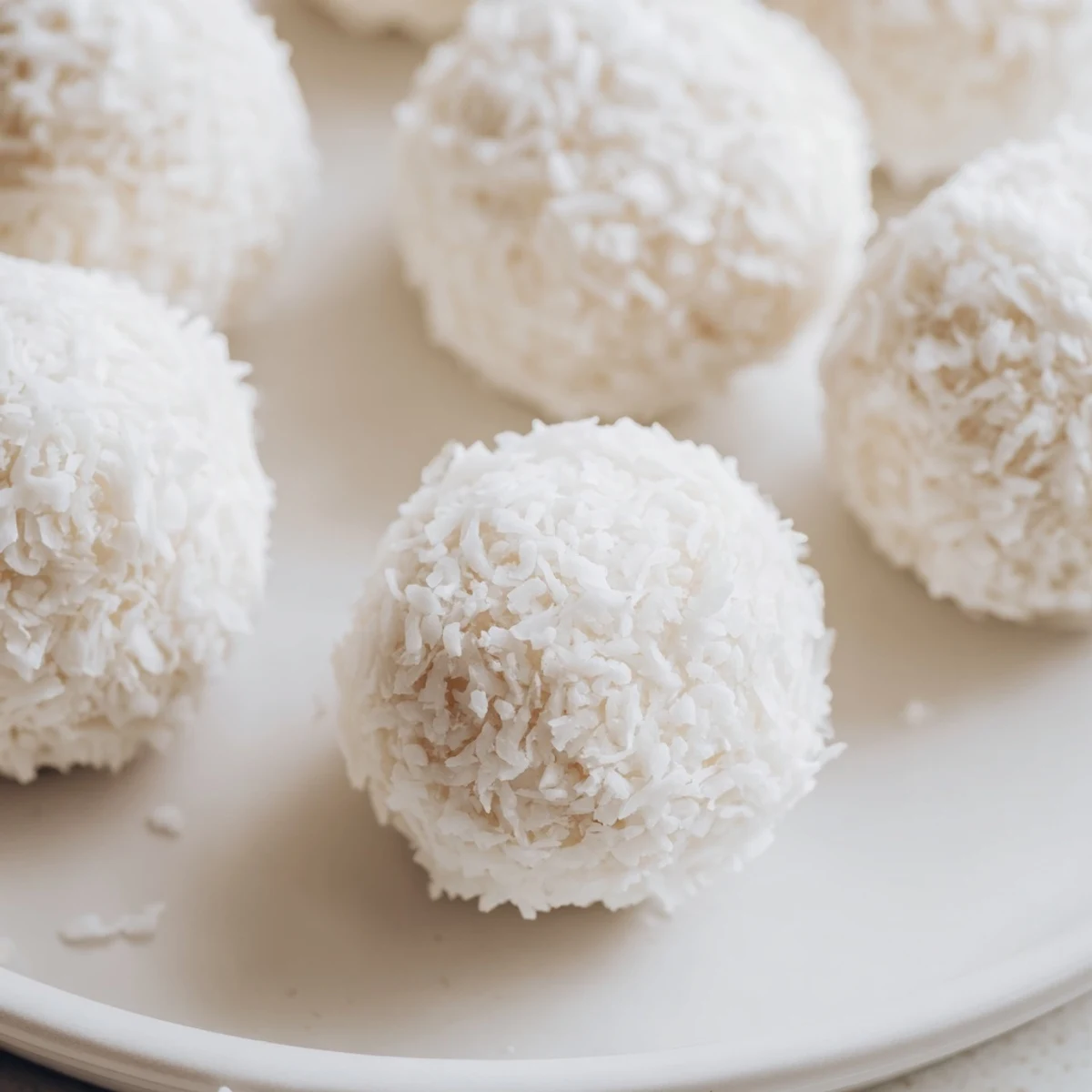 Soft coconut Easter bunny tails coated in shredded coconut on decorative serving platter