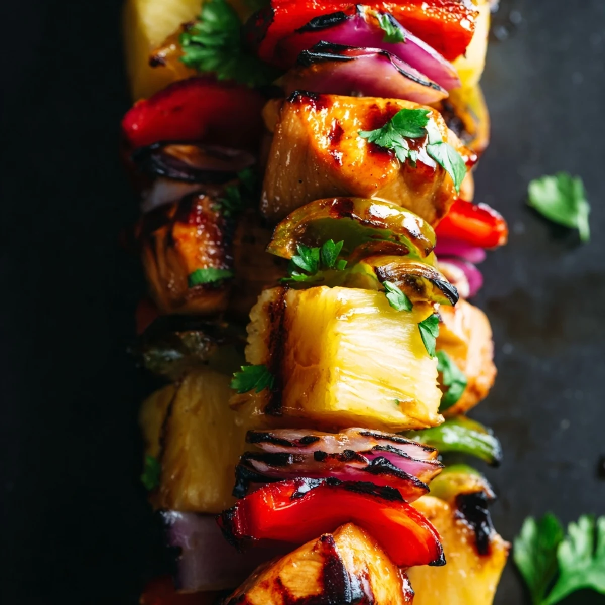 Golden grilled pineapple chicken kabops with colorful peppers on a metal skewer against a dark background