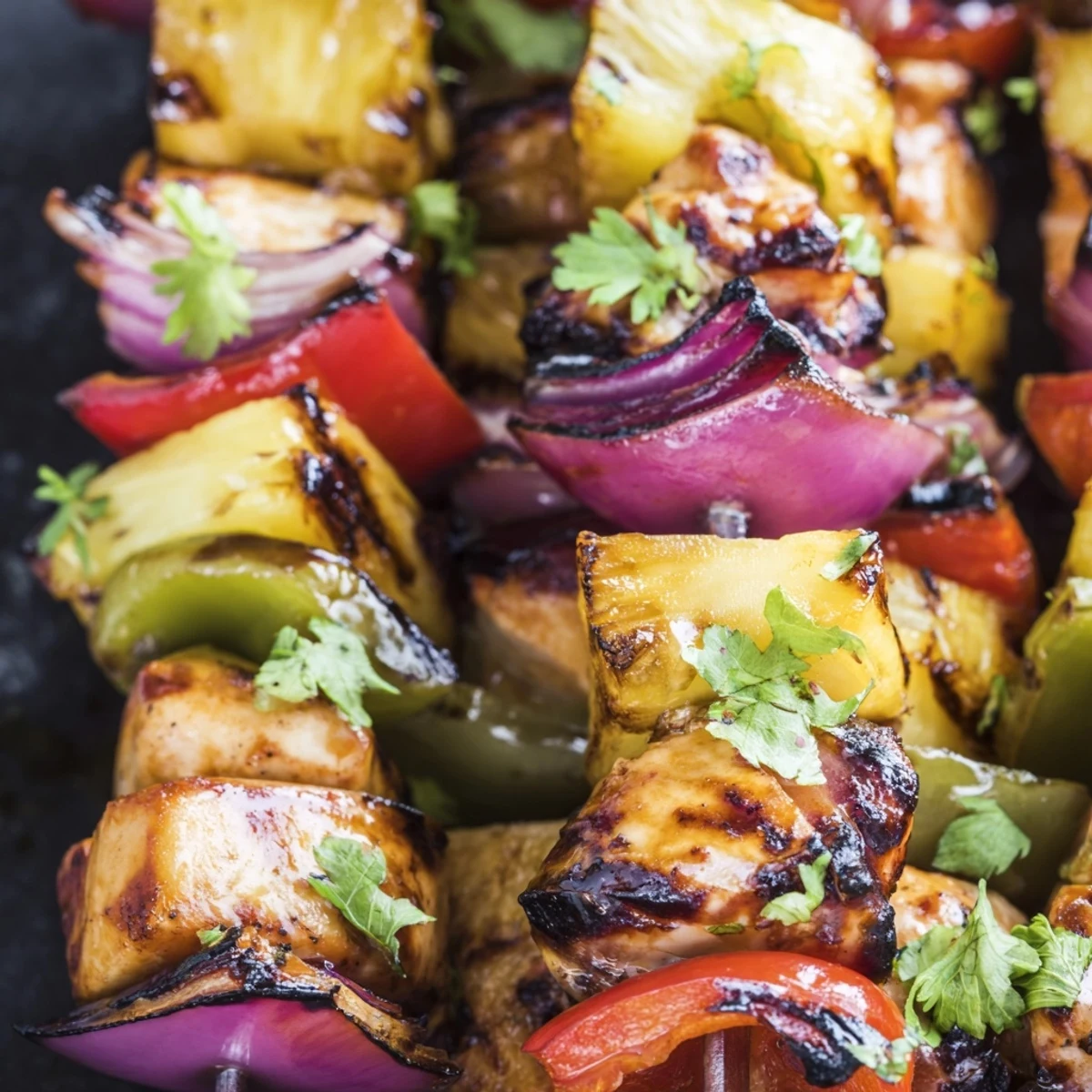 Tender marinated chicken and sweet pineapple chunks threaded on skewers fresh off the grill