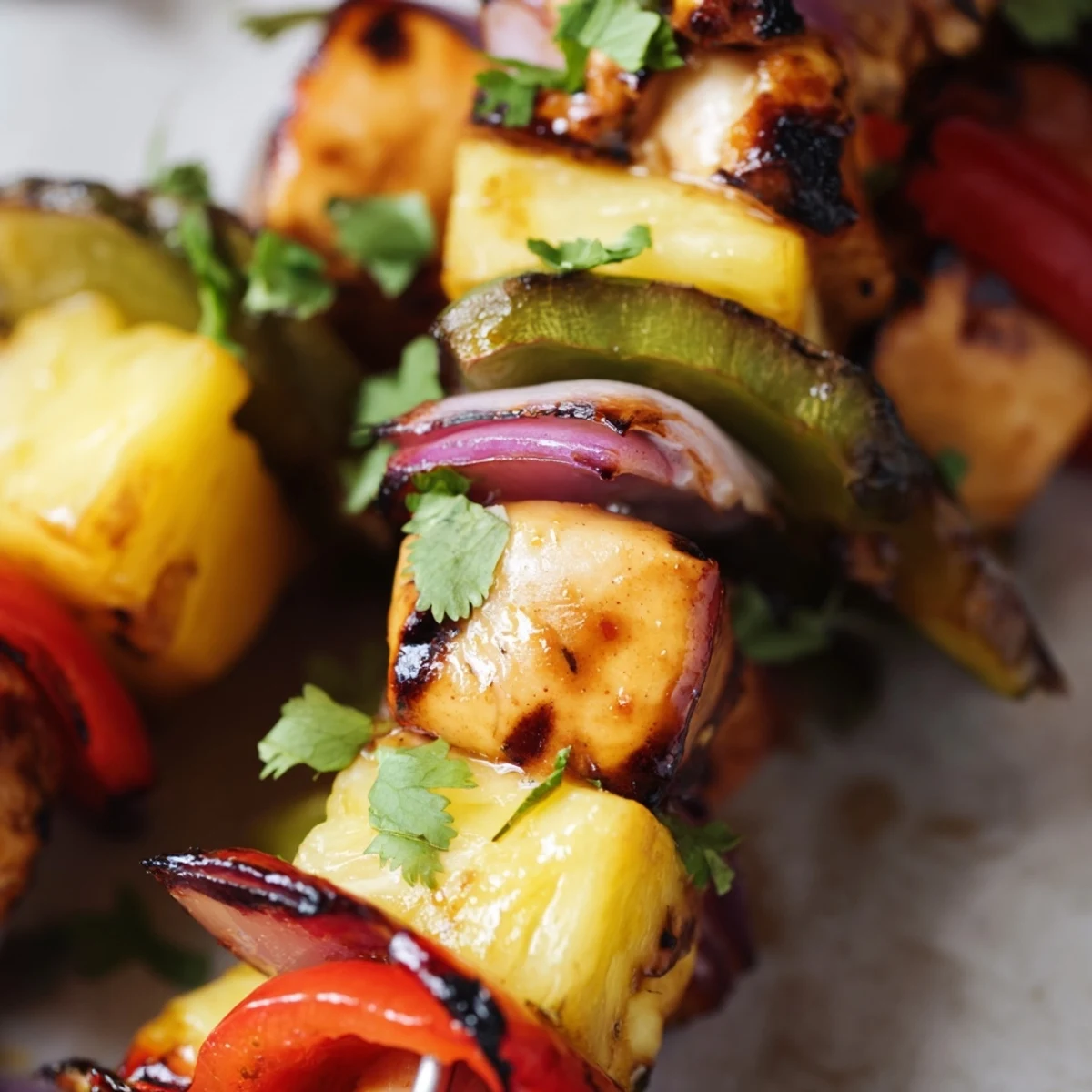 Juicy pineapple chicken kabobs with charred vegetables garnished with fresh cilantro and lime wedges