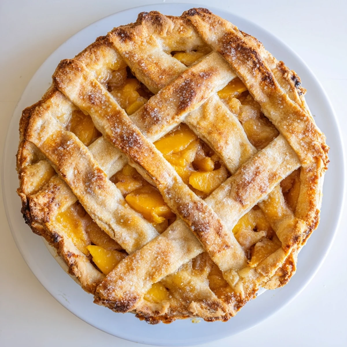 Homemade Southern peach pie sliced to reveal tender spiced peaches in buttery pastry