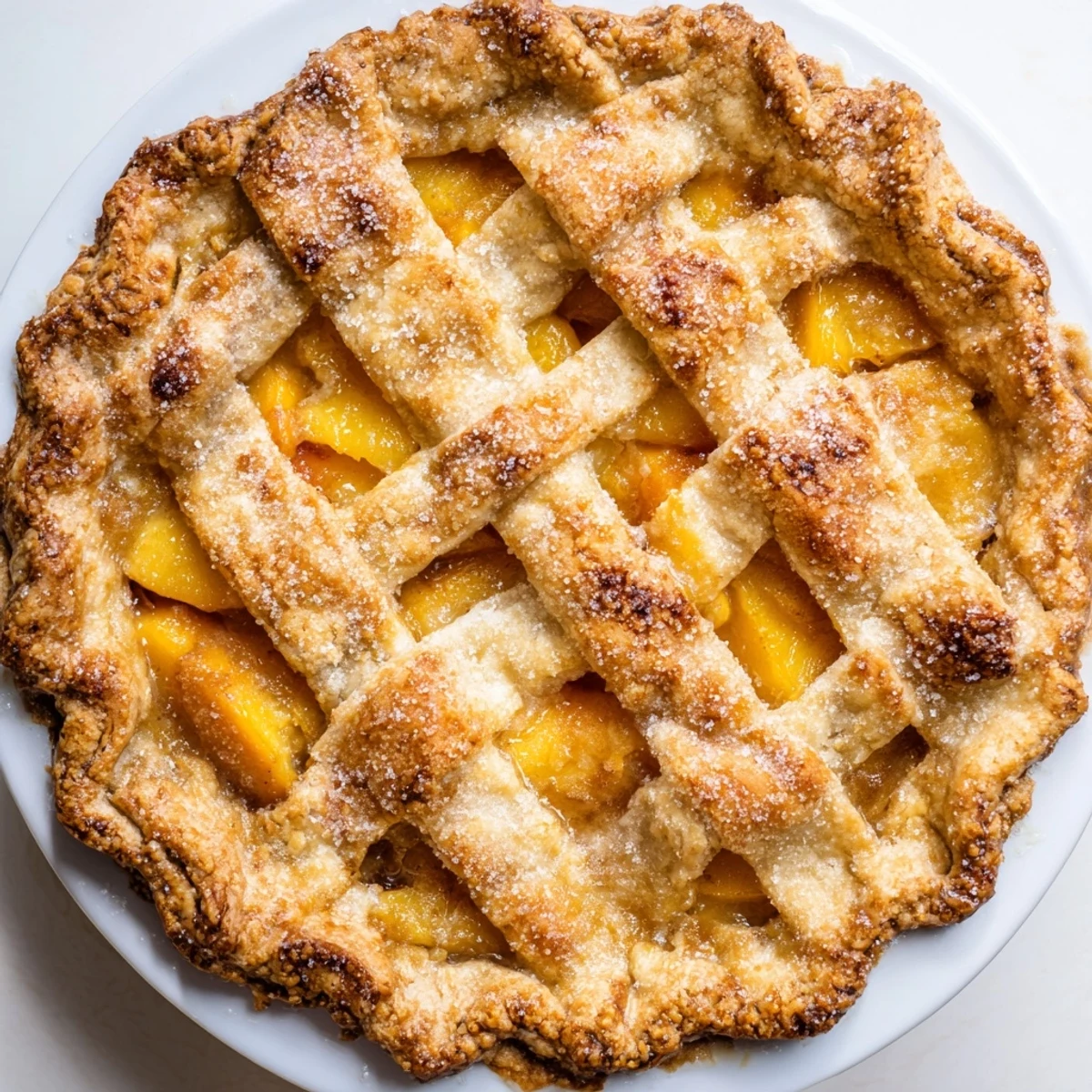 Fresh baked Southern peach pie with golden brown crust and sweet juicy filling