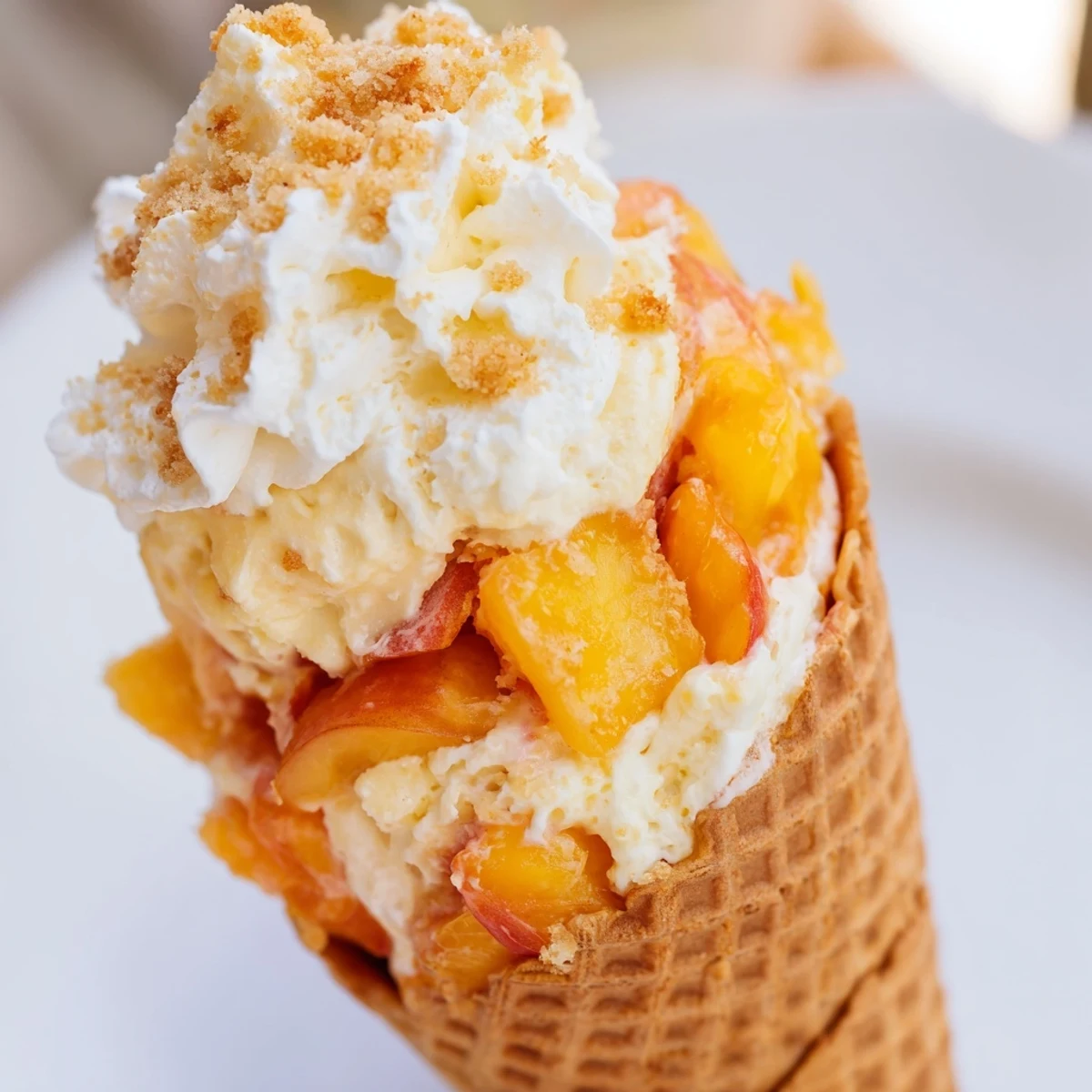 Crispy waffle cones overflowing with creamy cheesecake filling and sweet cinnamon-spiced peach cobbler topping