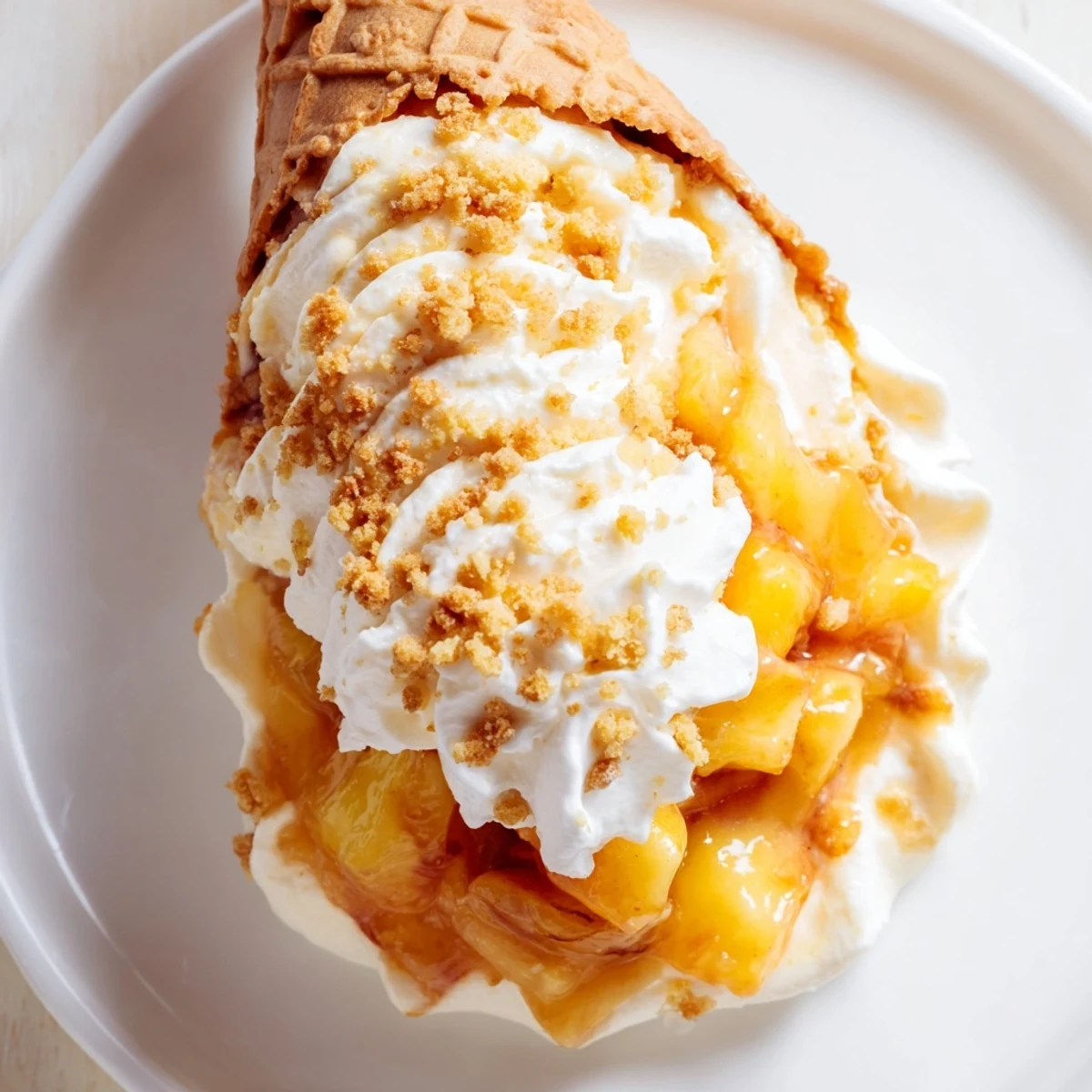 Handheld peach cobbler cheesecake cones filled with fluffy vanilla mousse and warm glazed peaches