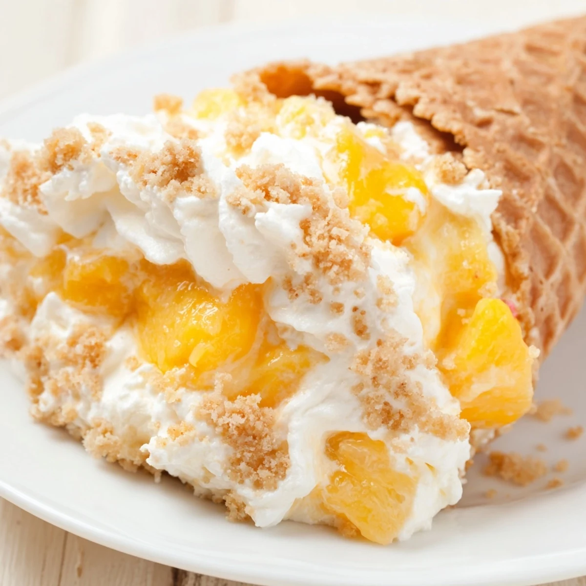Golden waffle cone dessert stuffed with layered peach cobbler and whipped cream cheese filling