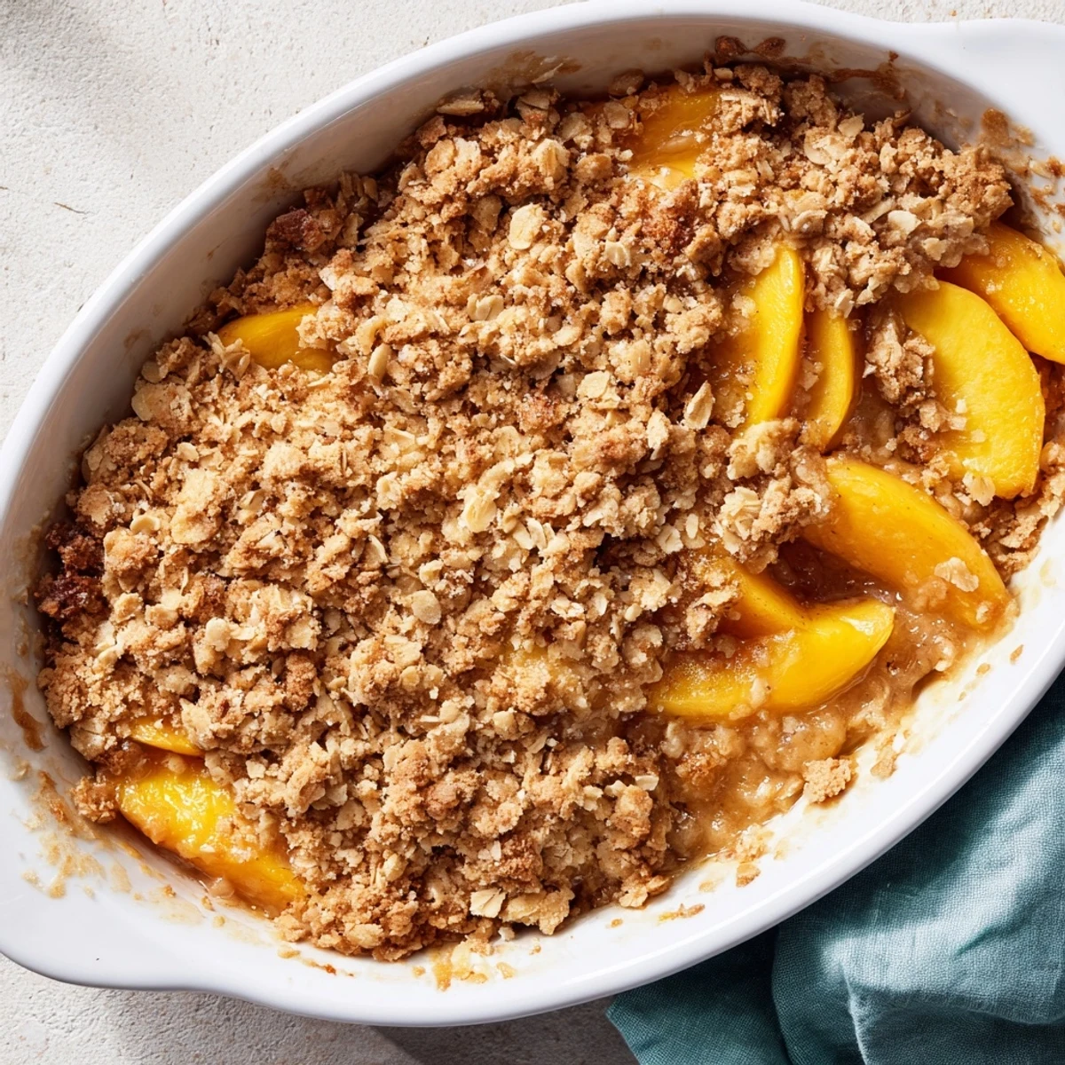 Golden brown cinnamon peach crumble bubbling in a baking dish with juicy fruit filling