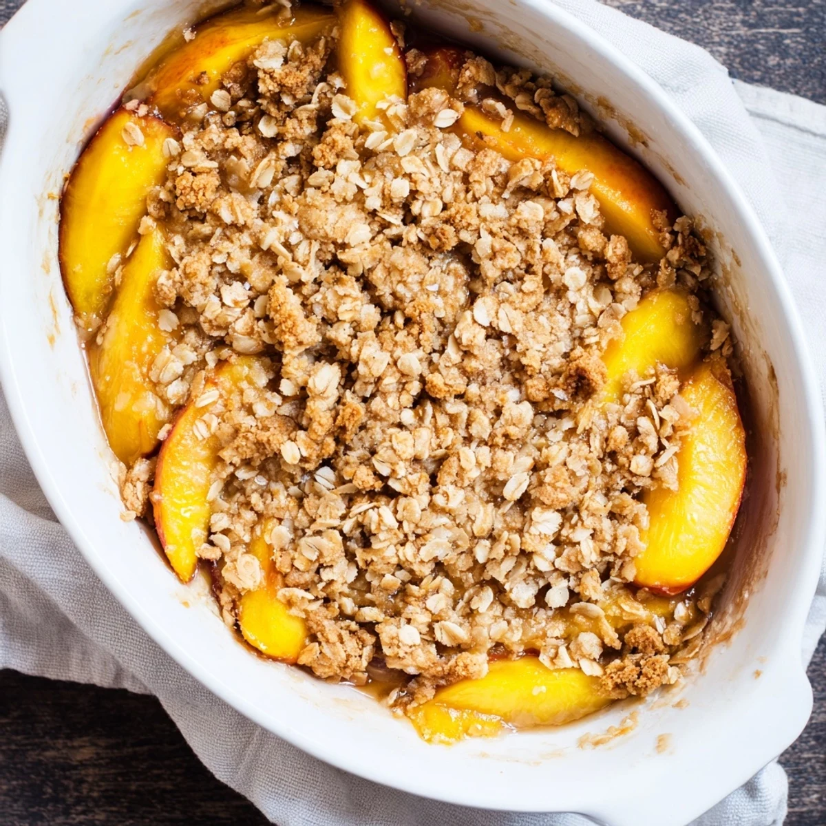 Homemade peach crumble with spiced fruit layer and crisp cinnamon streusel topping freshly baked