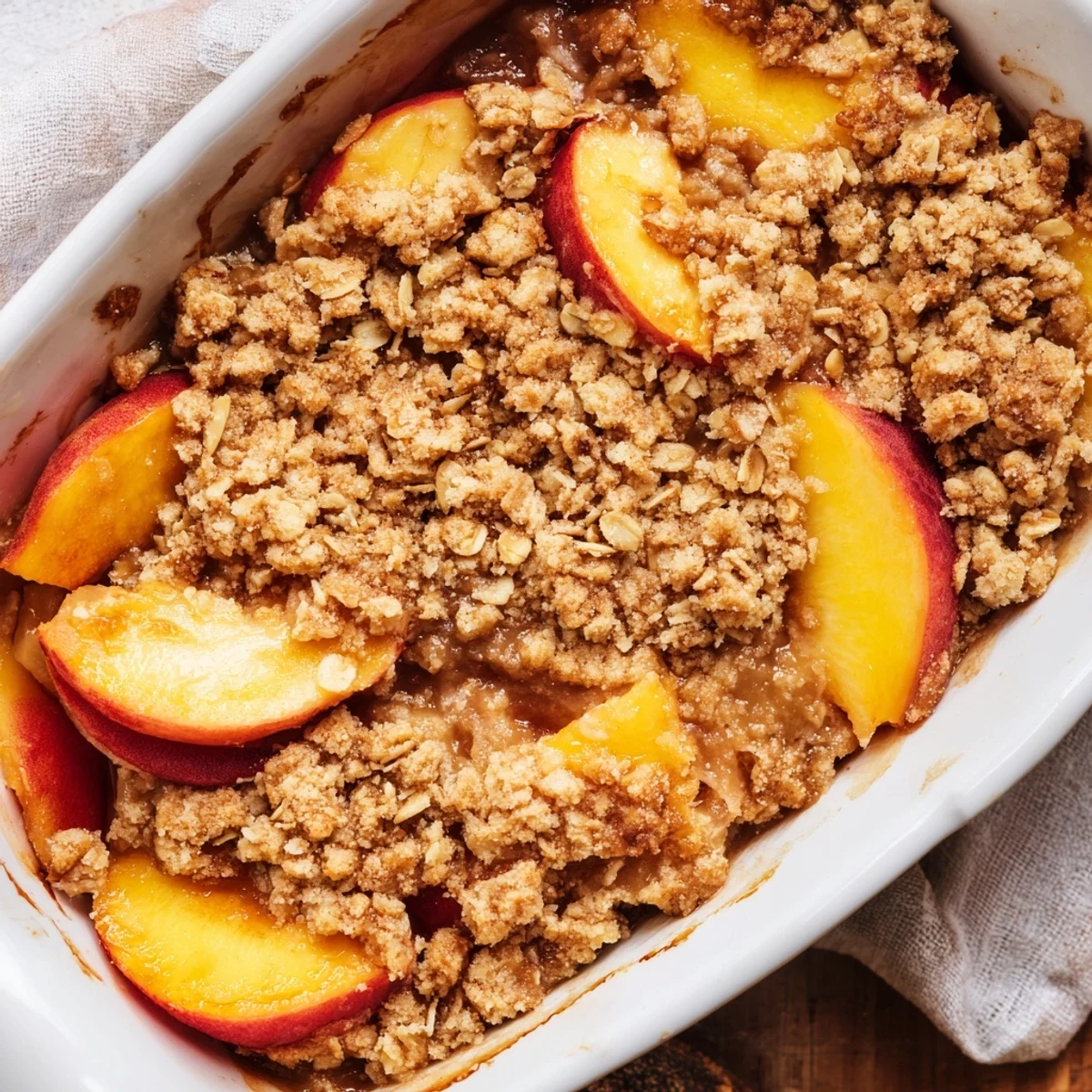 Warm baked cinnamon spiced peach crumble topped with buttery oat crumble and vanilla ice cream