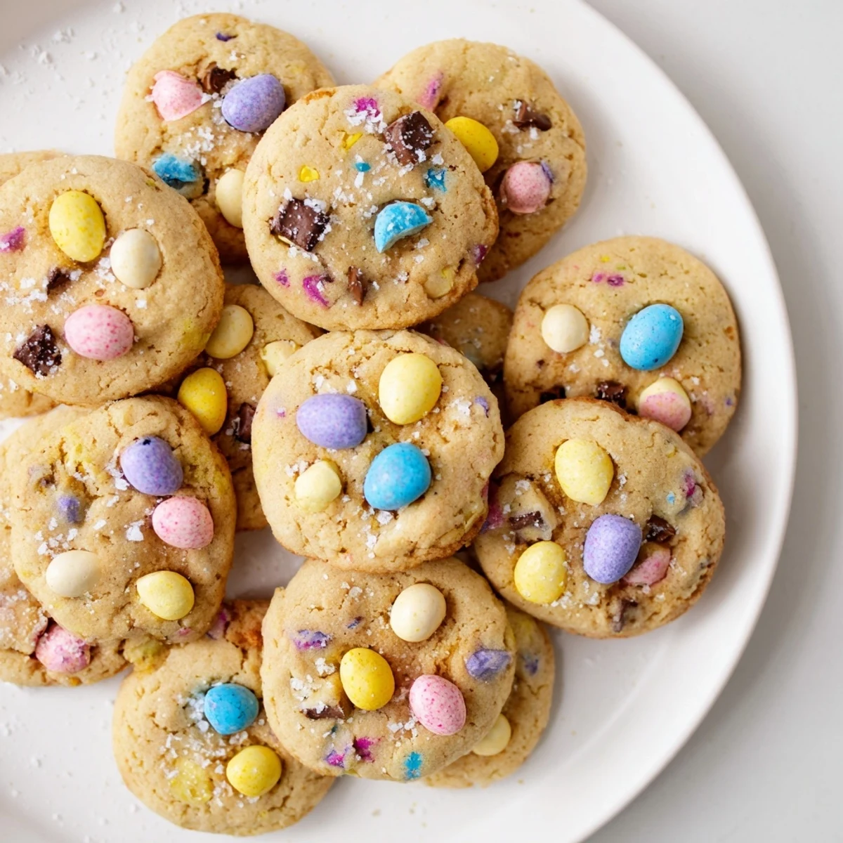 Golden mini egg cookies with colorful candy pieces on a wooden serving board