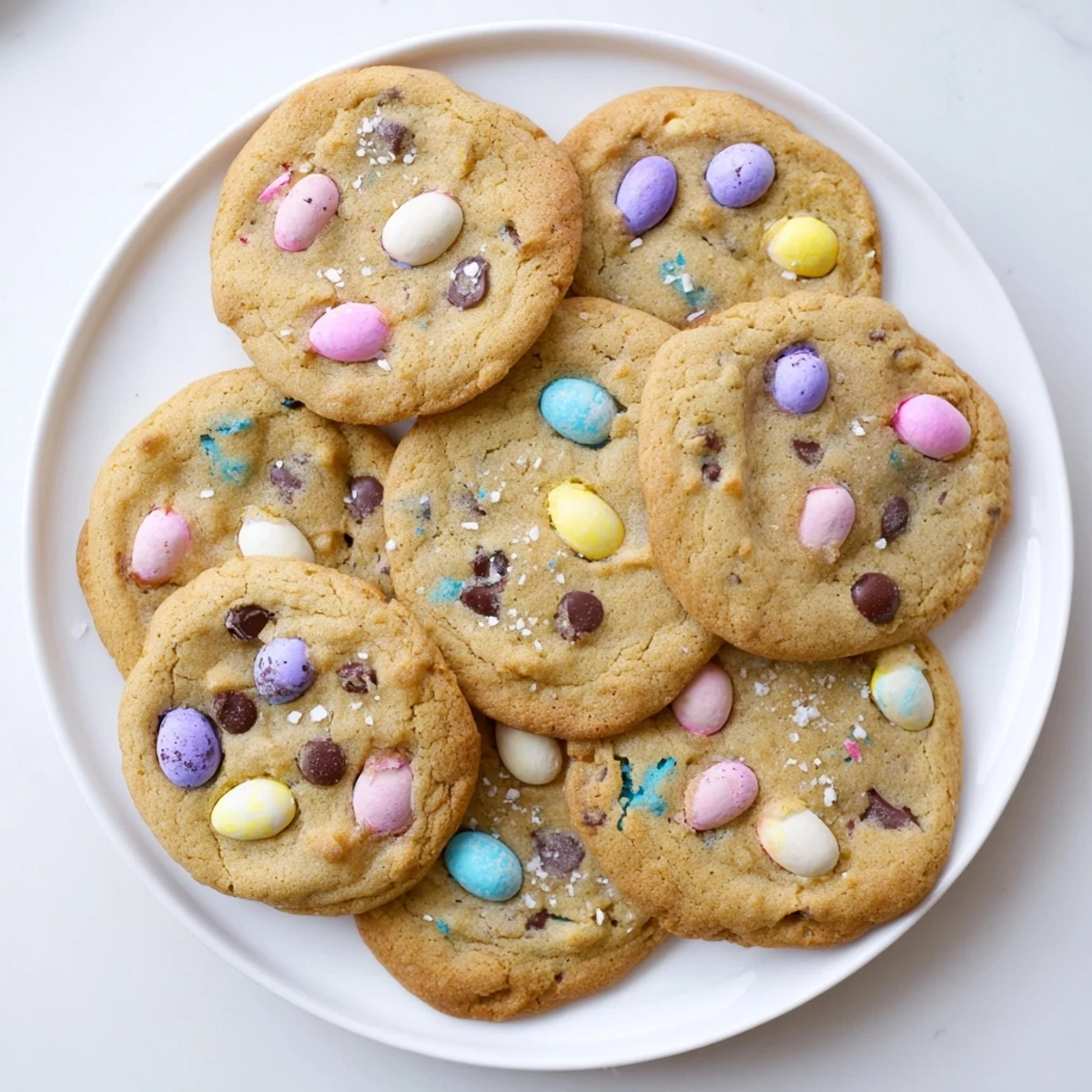 Stack of homemade mini egg cookies topped with pastel candy egg pieces