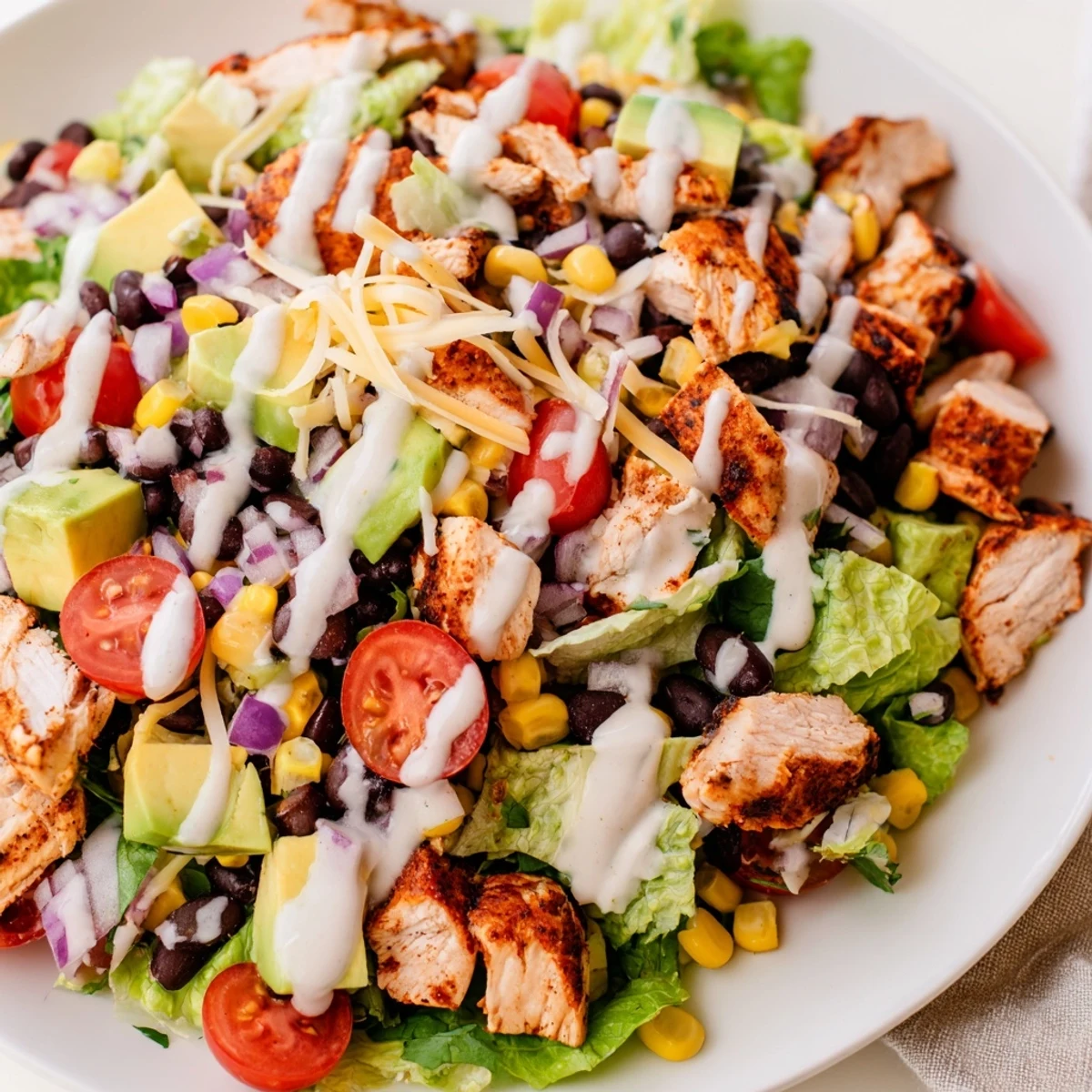 Colorful bowl of healthy BBQ chicken chopped salad with grilled chicken bites, crisp romaine, sweet corn, black beans, diced avocado, and tangy barbecue yogurt dressing drizzled on top