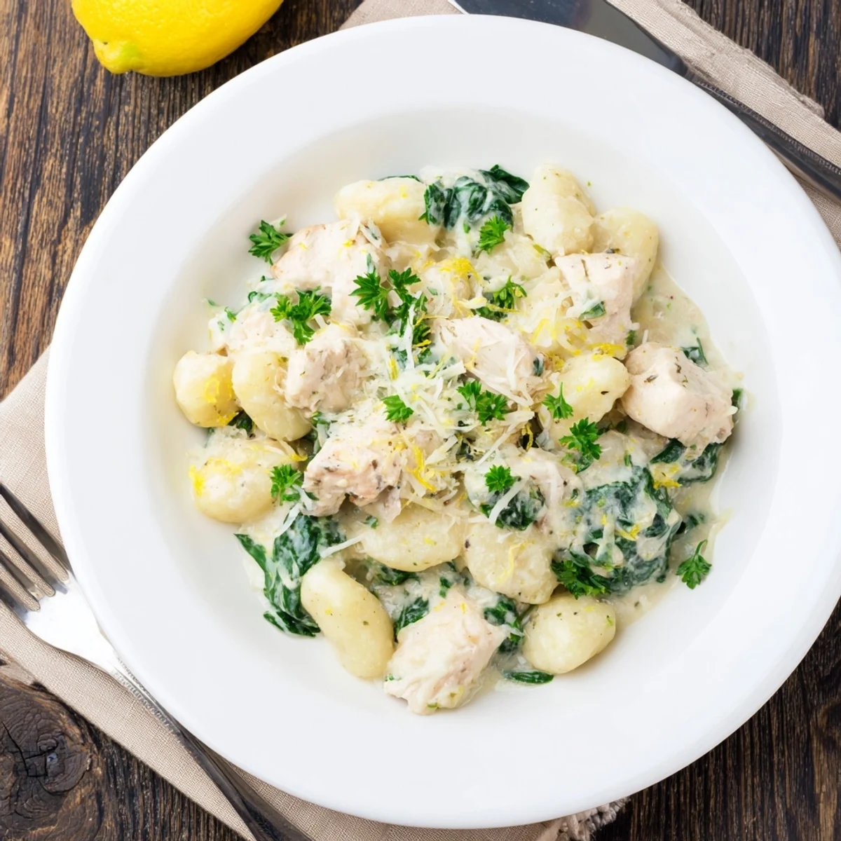 Golden chicken and pillowy gnocchi simmer in a bright lemon-garlic cream sauce with fresh spinach