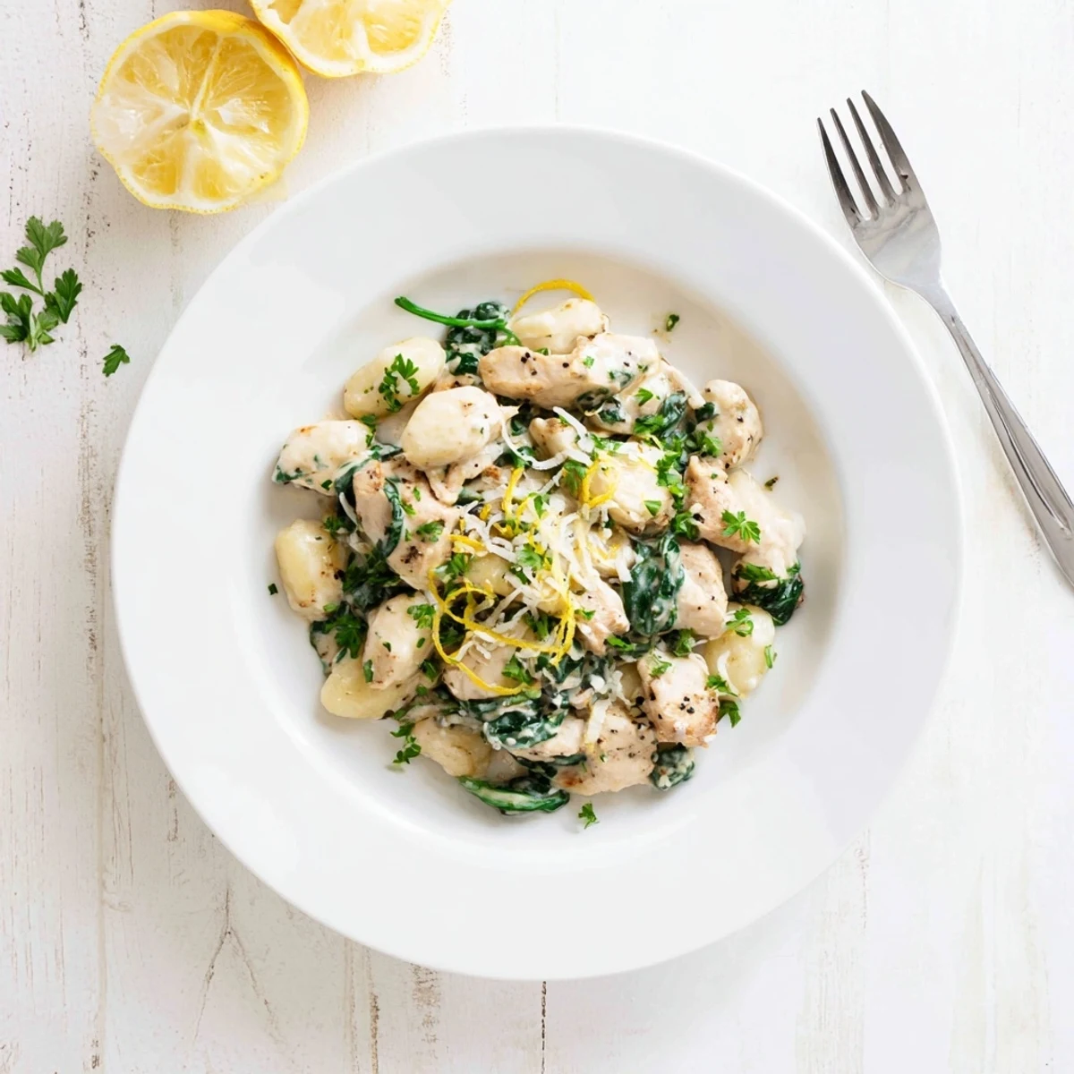 Tender chicken bites and soft potato gnocchi coated in a velvety lemon Parmesan sauce