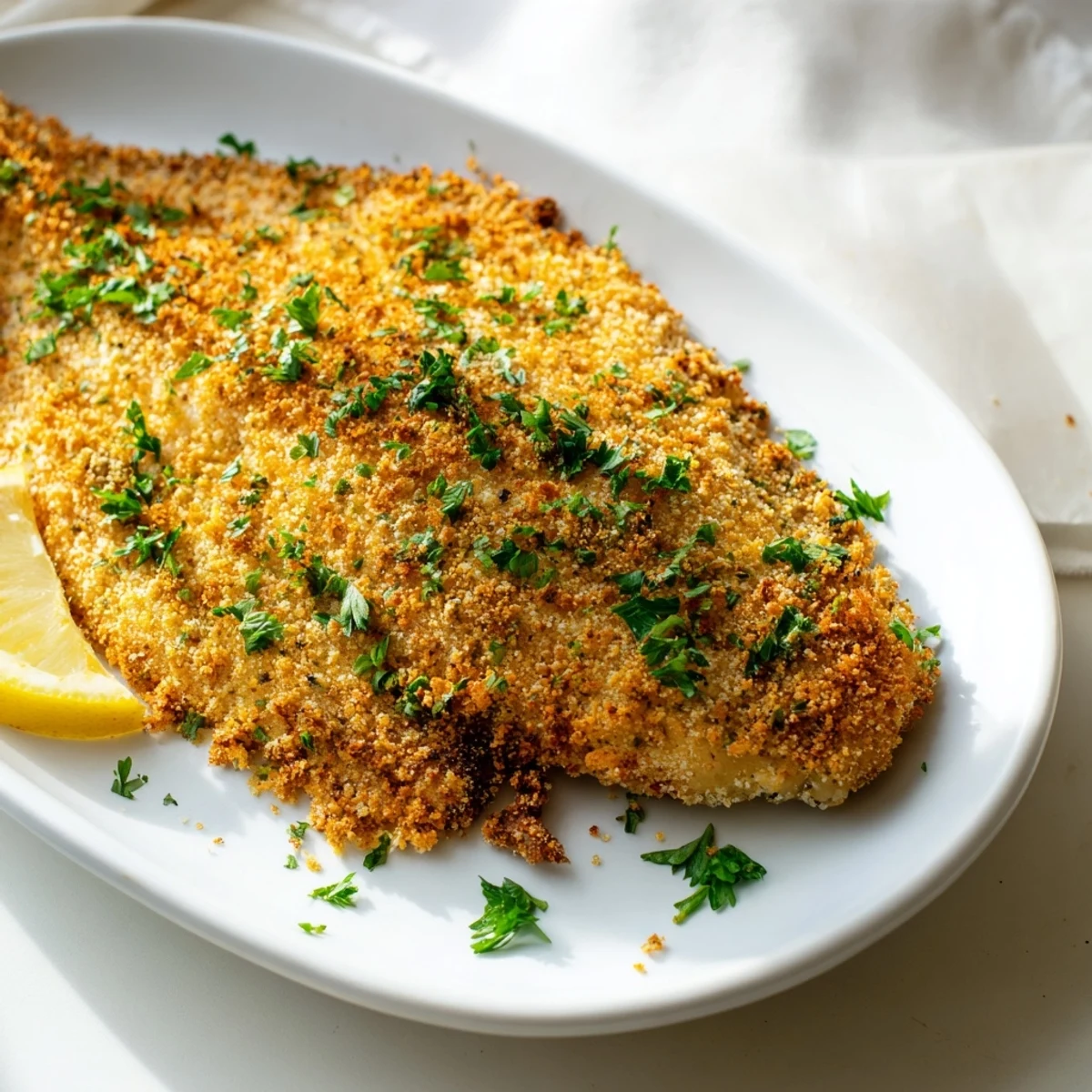 Golden brown tilapia fillets air fried with crispy panko parmesan coating on white plate