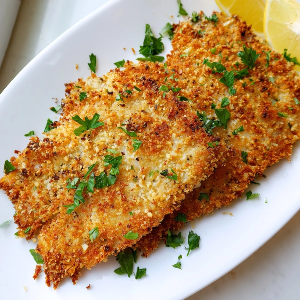 Flaky white fish fillets with golden breadcrumb crust served with fresh parsley and lemon wedges