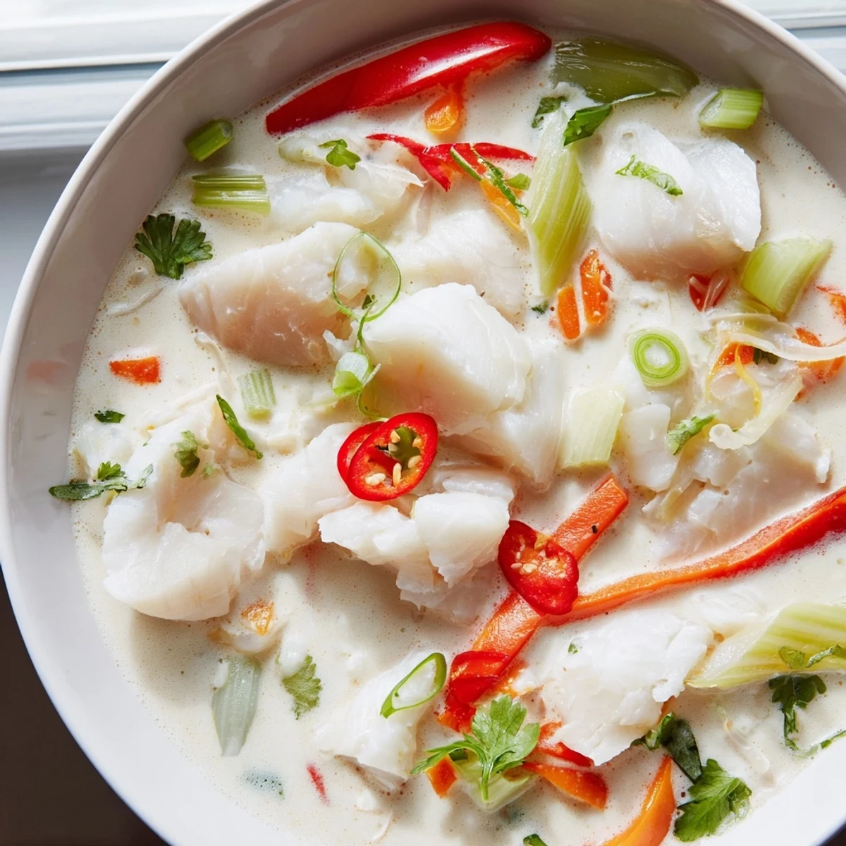 Creamy coconut lime fish soup bowl garnished with fresh cilantro and green onions