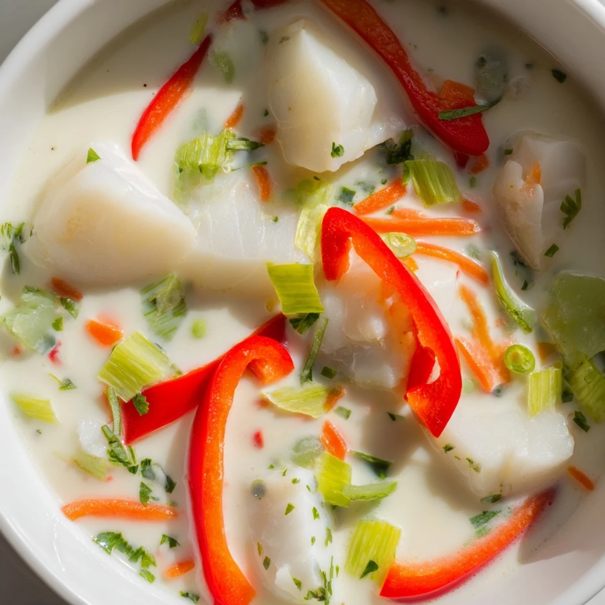 White fish pieces simmered in fragrant coconut milk broth with lime wedges on side
