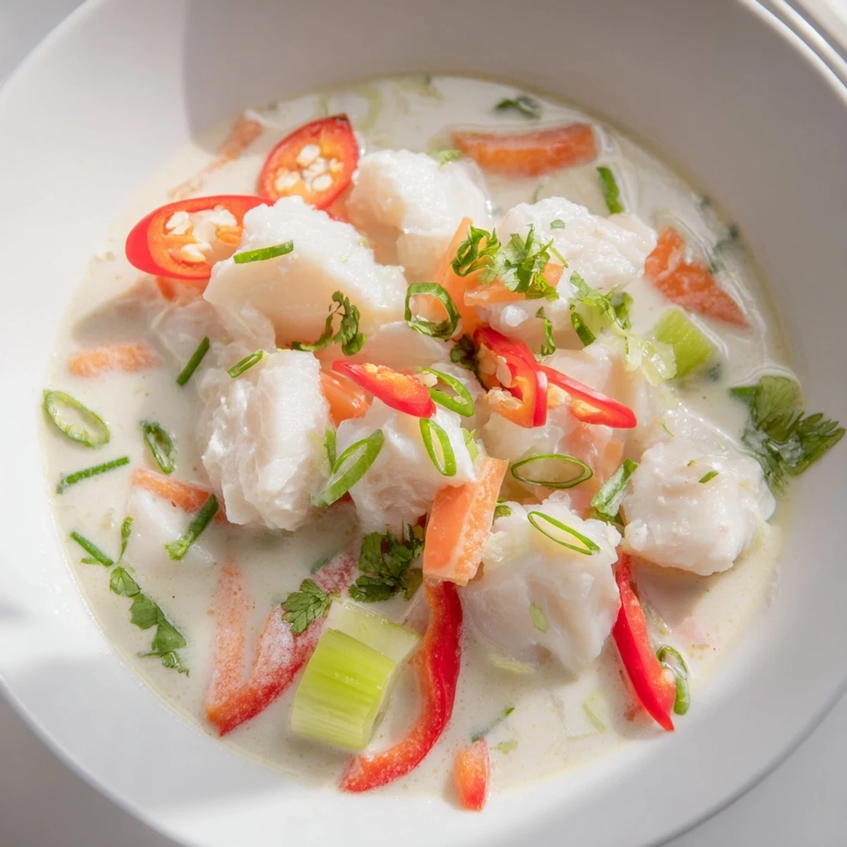 Steaming bowl of Southeast Asian coconut lime fish soup with red pepper and vegetables