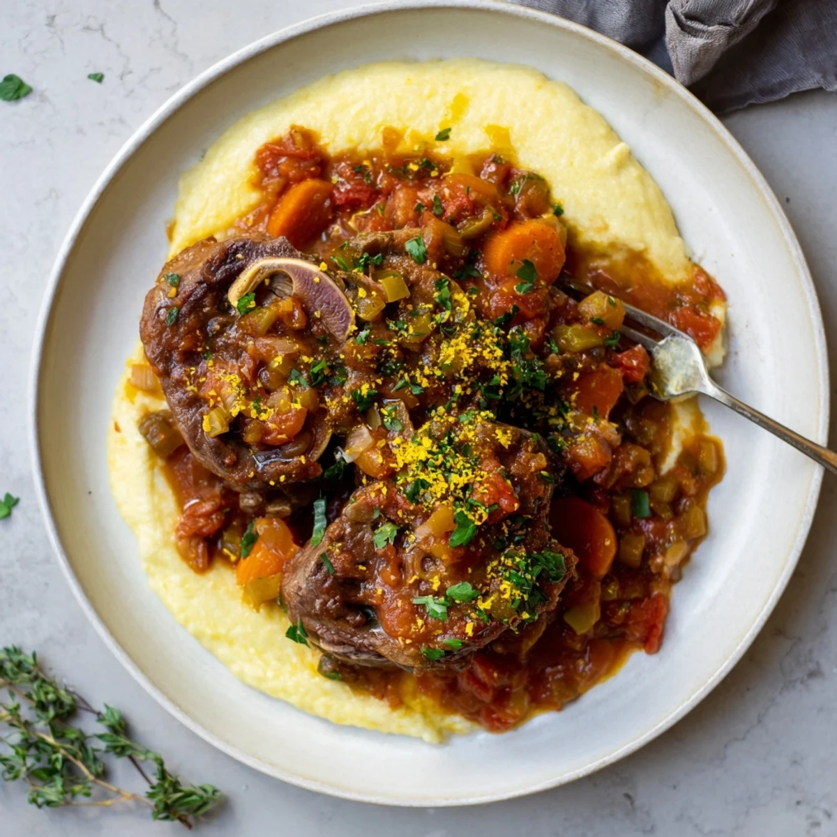 Golden brown veal shanks nestled in rich tomato wine sauce with fresh gremolata topping