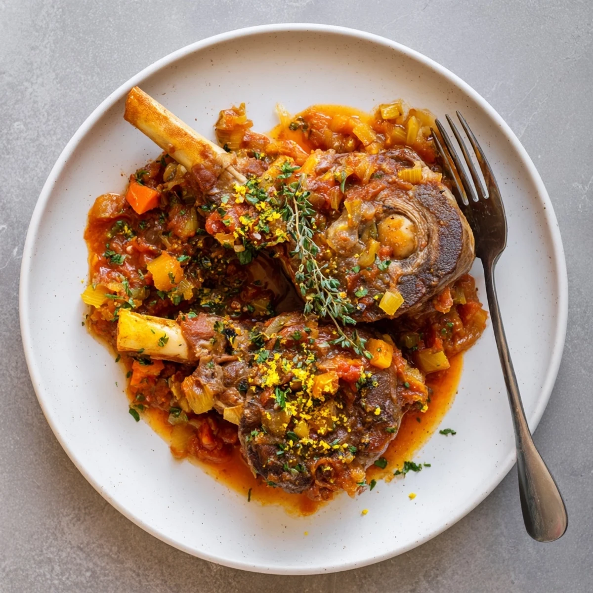 Fork-tender braised veal shanks swimming in savory red sauce with bright lemon parsley garnish