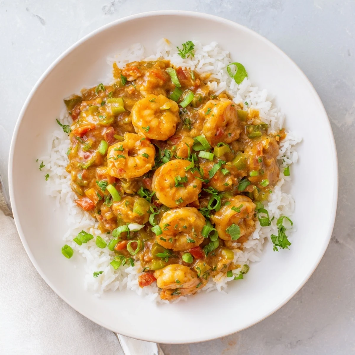 Classic Louisiana Shrimp Étouffée featuring tender seafood in spicy reddish-brown gravy topped with fresh green onions