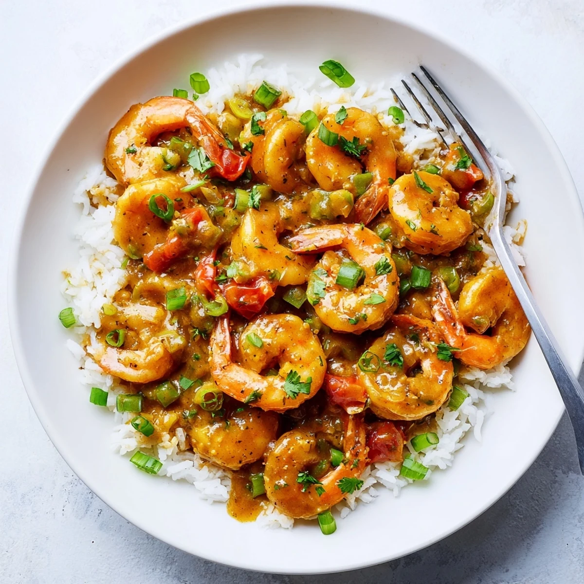 Golden brown Shrimp Étouffée with plump shrimp nestled in rich roux sauce over steaming white rice