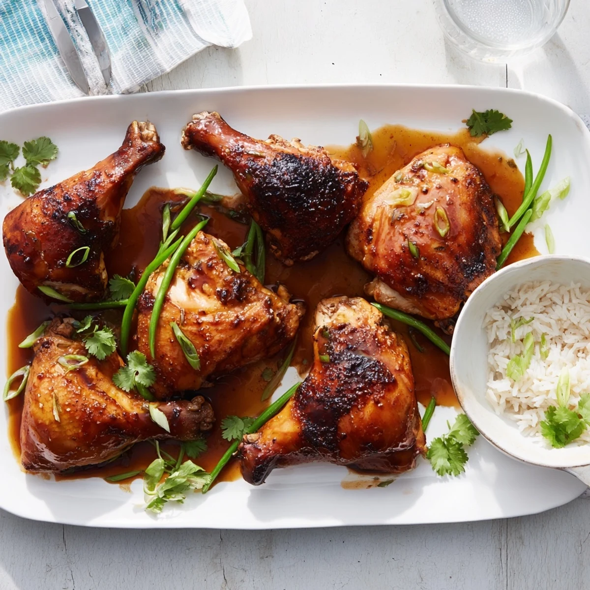 Succulent roasted chicken thighs coated in honey garlic ginger glaze, served with fresh cilantro garnish