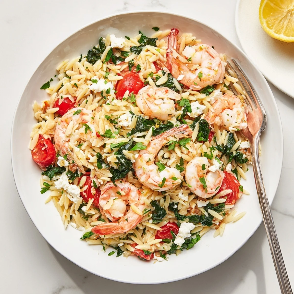 Creamy orzo pasta bowl with succulent pink shrimp, fresh spinach, and tangy lemon zest topping