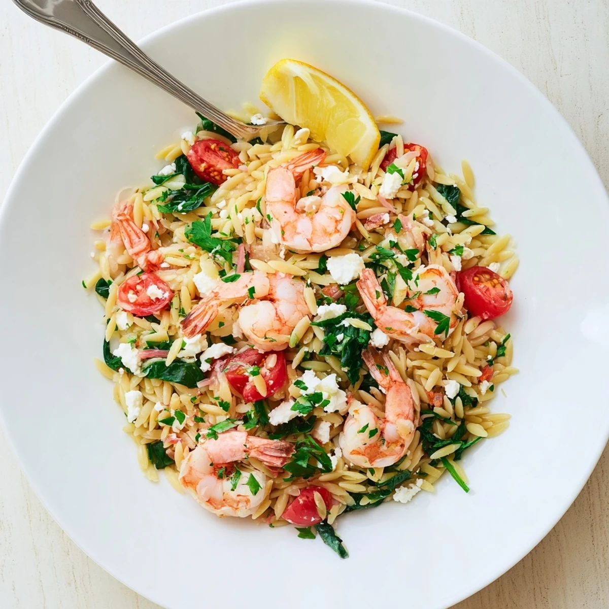 Mediterranean lemon feta orzo shrimp served in a white bowl with vibrant parsley and feta