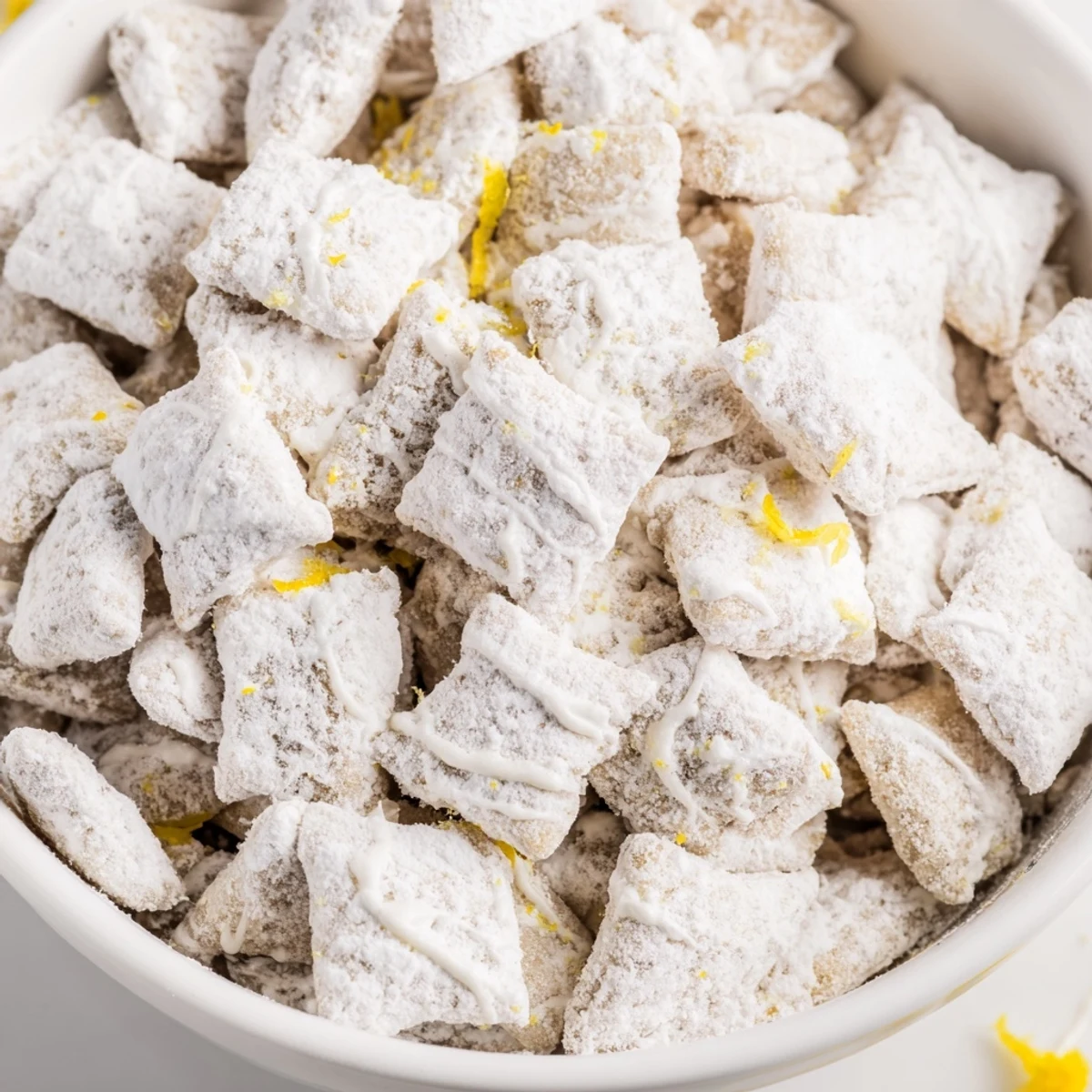 Bright lemonade puppy chow snack piled on a rustic wooden board with fresh lemon slices nearby