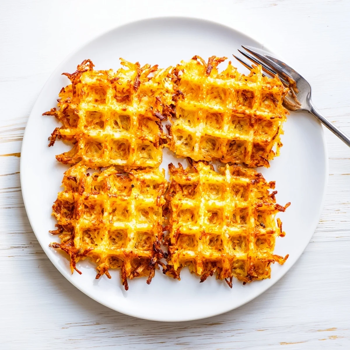 Golden crispy waffle iron hashbrowns with deep ridges served on a white plate
