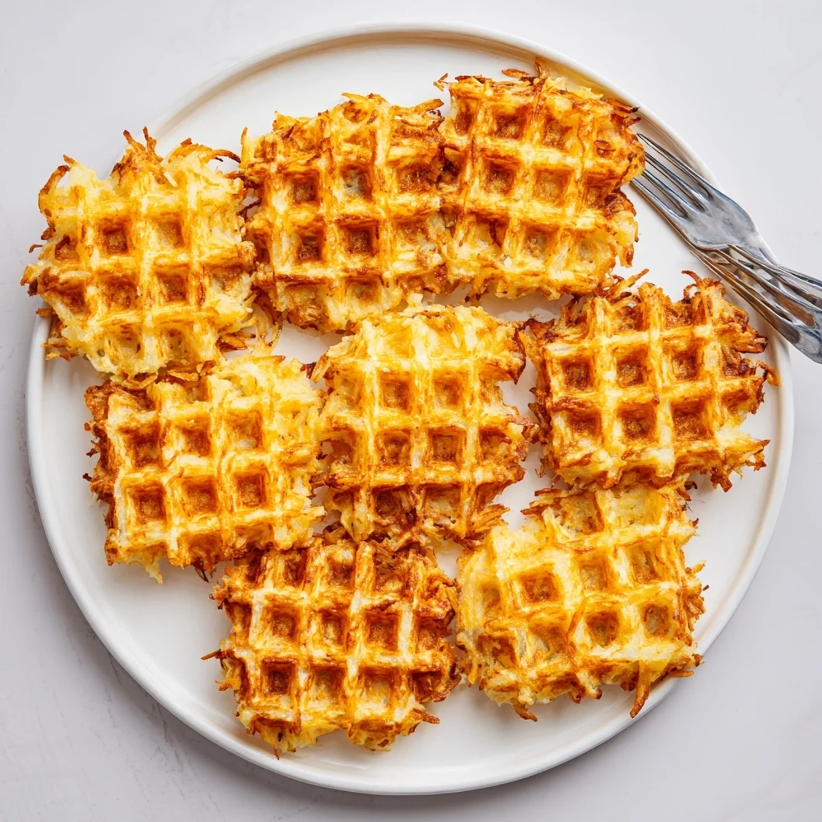 Crispy waffle iron hashbrowns piled high with melted butter and fresh green onions