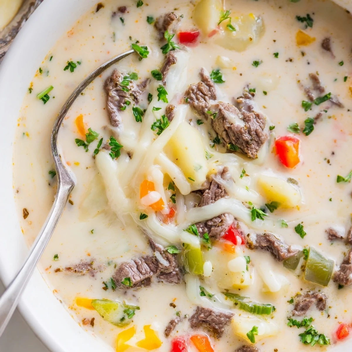 Hearty beef and vegetable Philly cheese steak soup in a white bowl