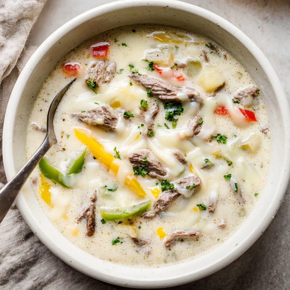 Creamy Philly cheese steak soup topped with melted provolone and crusty bread