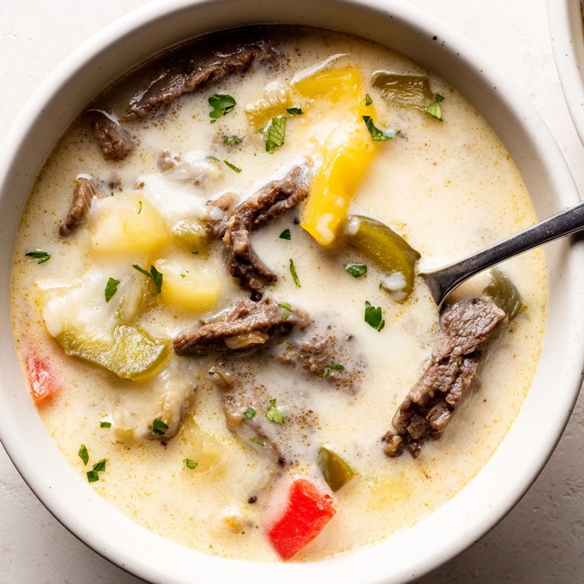 Rich cheesesteak soup with tender beef peppers onions and cheesy broth garnished