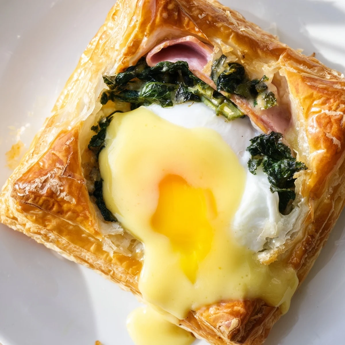 Layers of crispy puff pastry stacked with savory spinach, smoked ham, and runny baked eggs in this French brunch dish