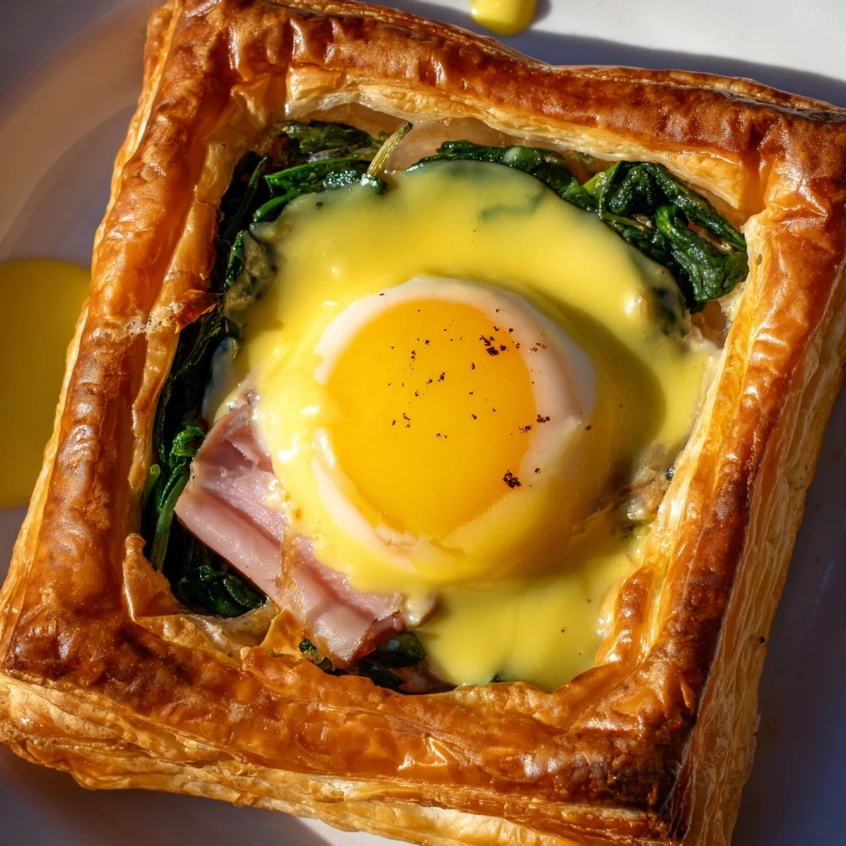 Golden baked Eggs Napoleon with flaky puff pastry layers and rich hollandaise sauce drizzled over the top