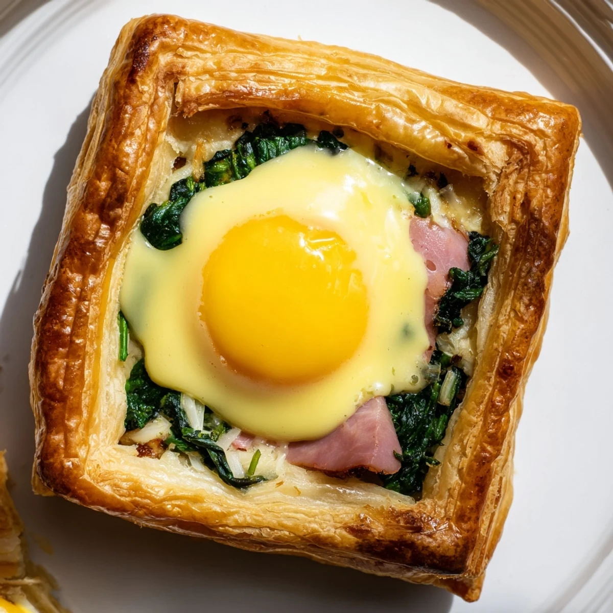 Elegant baked Eggs Napoleon featuring golden pastry, creamy spinach mixture and perfectly cooked eggs topped with silky hollandaise