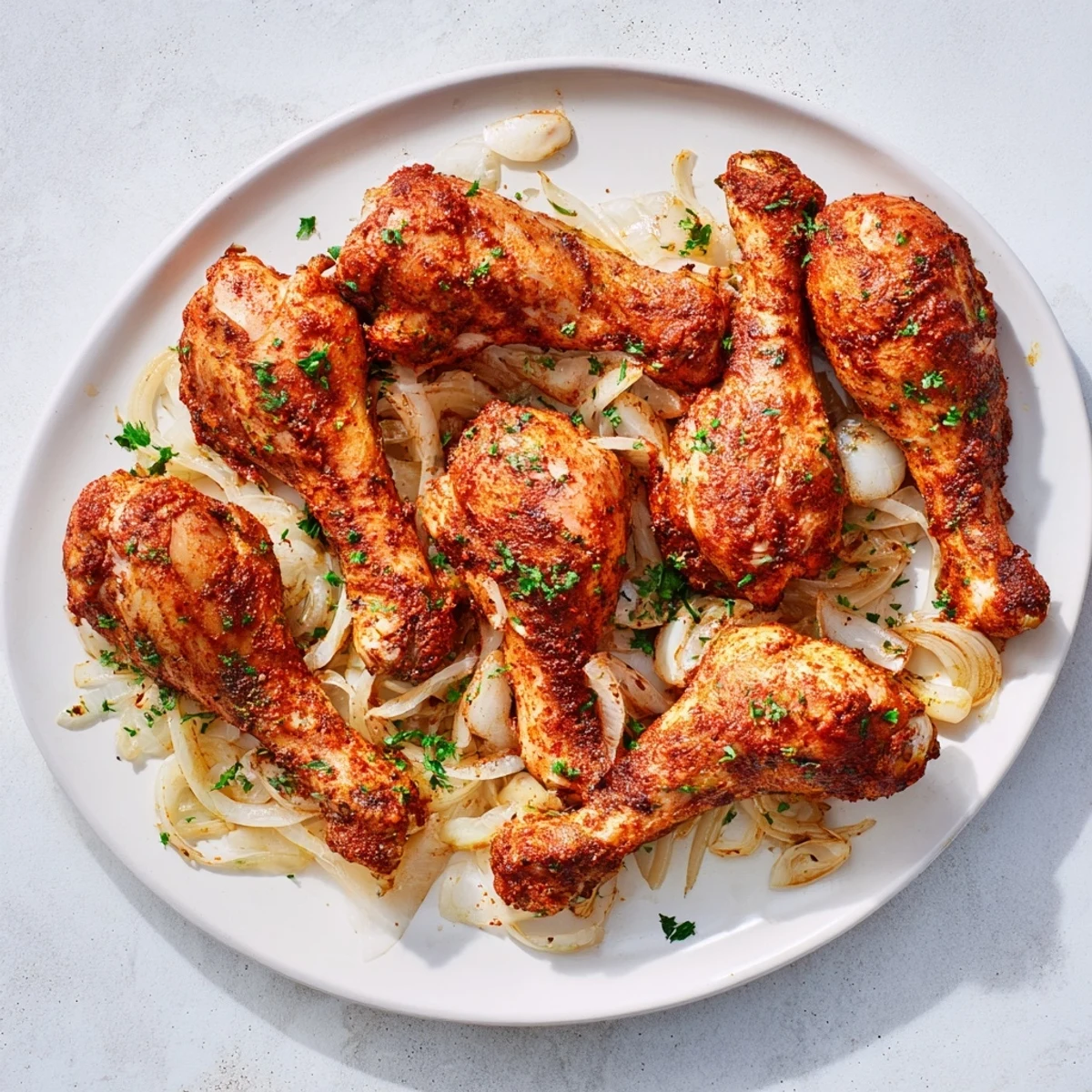 Slow cooker chicken legs seasoned with herbs and sliced onions on a serving platter