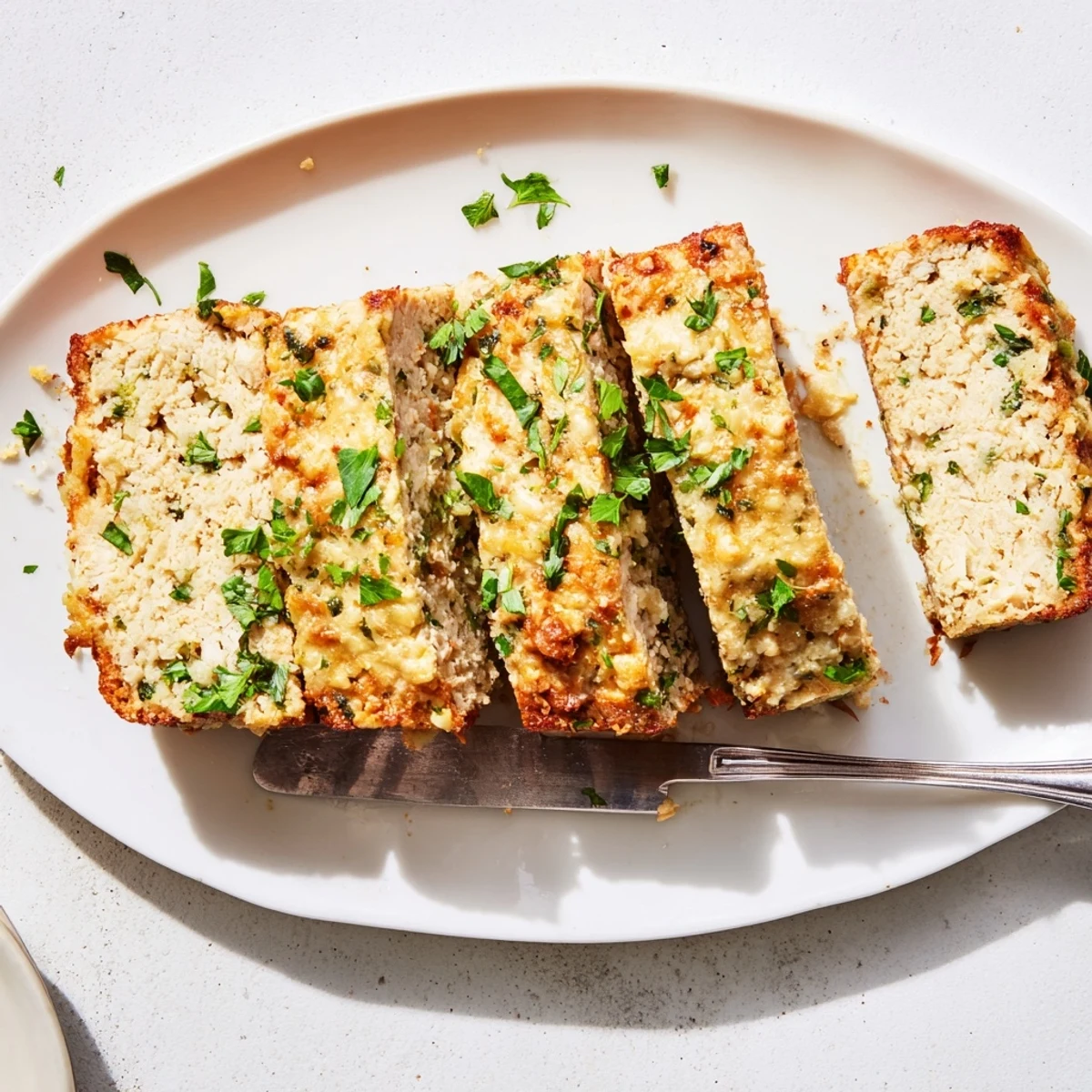 Golden Garlic Parmesan Chicken Meatloaf sliced thick with melted cheese topping on white plate