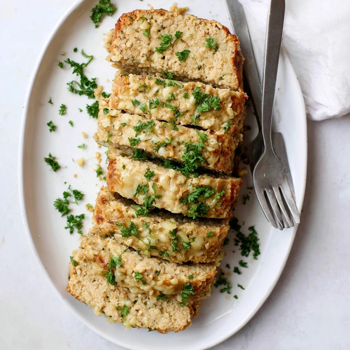 Savory garlic Parmesan chicken meatloaf dinner with roasted vegetables and side of mashed potatoes