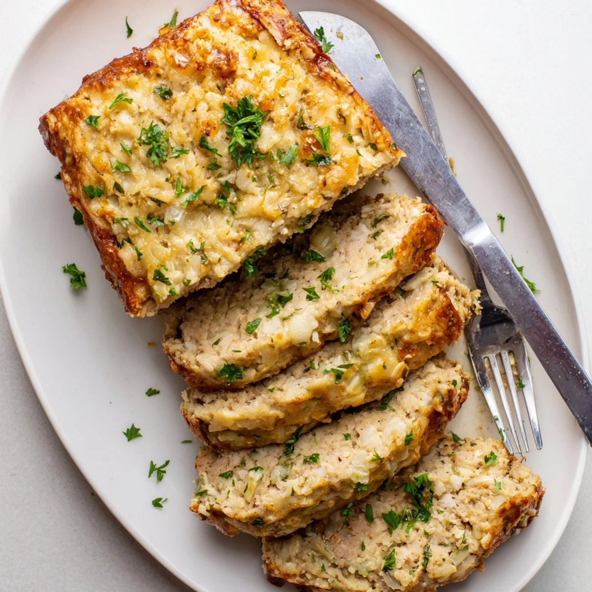 Moist chicken meatloaf with crispy Parmesan crust garnished with fresh parsley on serving board