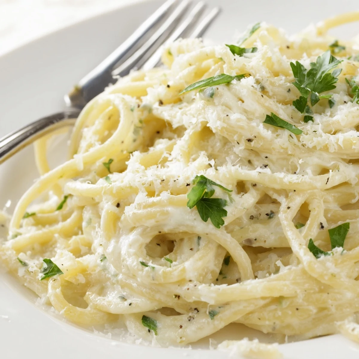 Golden strands of cheesy garlic Parmesan spaghetti twirled on a white plate