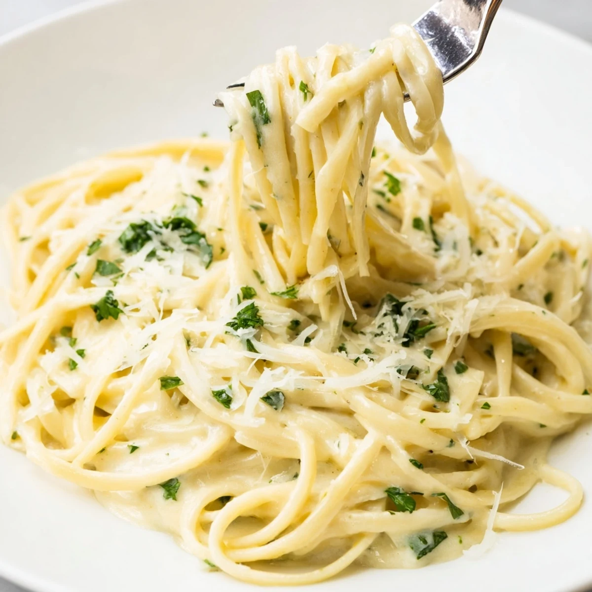Creamy garlic Parmesan spaghetti coated in melted cheese with fresh green parsley