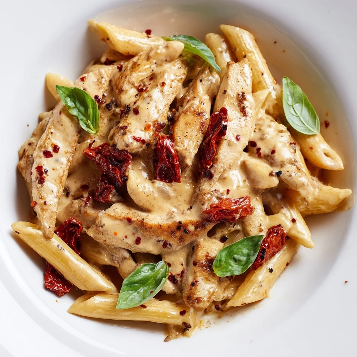 Golden brown chicken slices nestled in creamy garlic parmesan sauce with penne pasta and sun-dried tomatoes