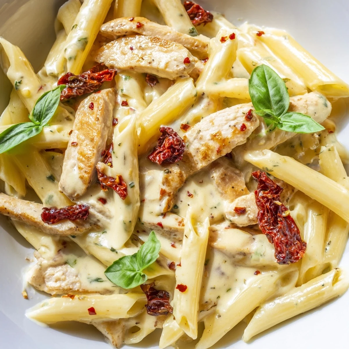 Close-up of twirled pasta coated in luscious parmesan cream sauce with juicy chicken and vibrant sun-dried tomato pieces