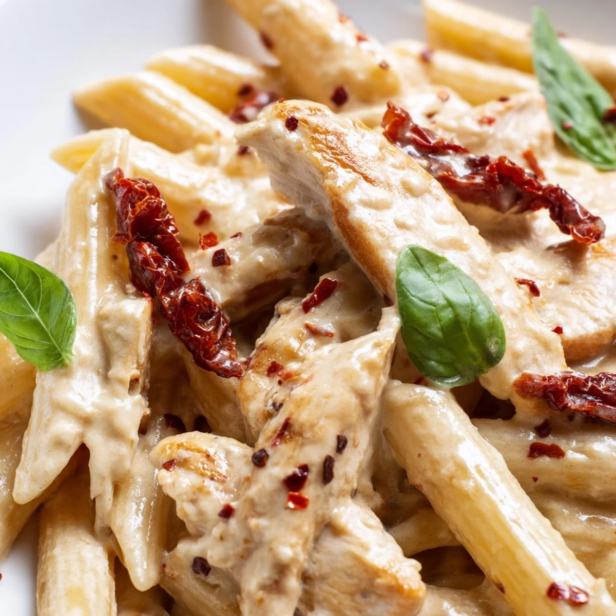 Steaming bowl of Marry Me Chicken Pasta featuring tender seasoned chicken in rich white cream sauce with fresh basil garnish