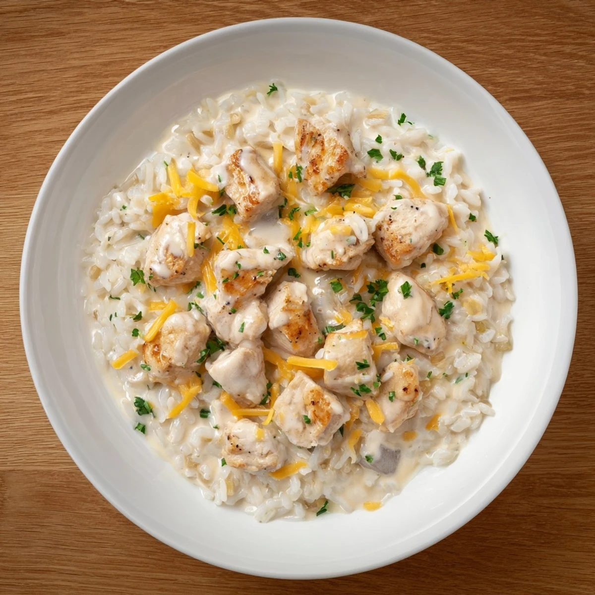 Golden cheesy chicken breasts nestled over fluffy rice in a rich creamy sauce