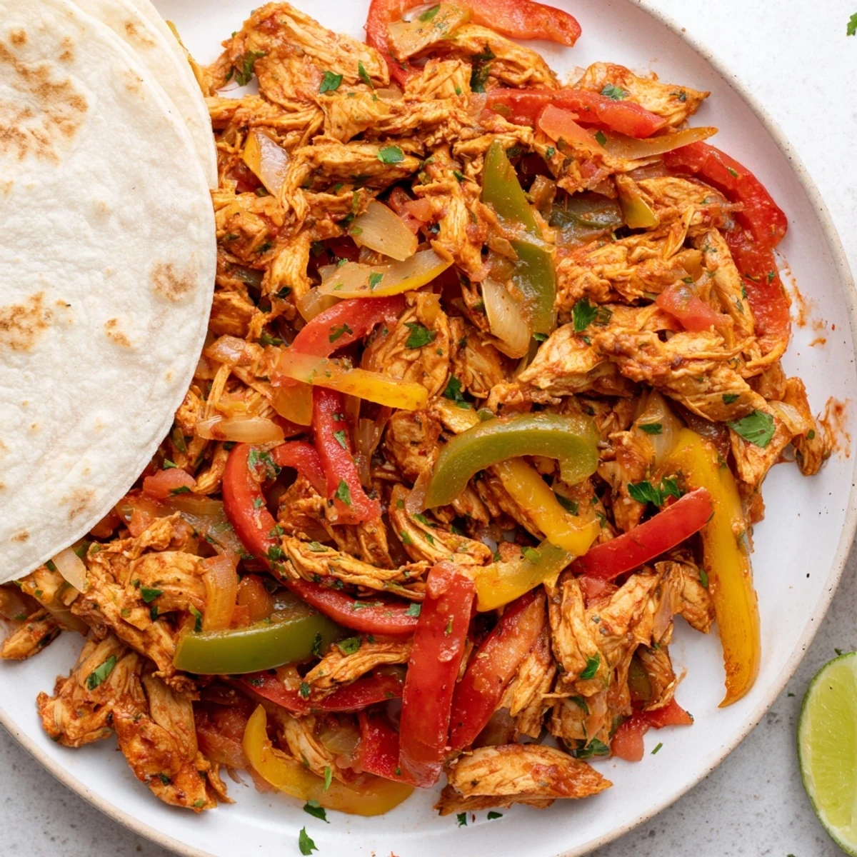 Colorful slow cooker chicken fajitas with tender shredded meat and vibrant bell pepper slices