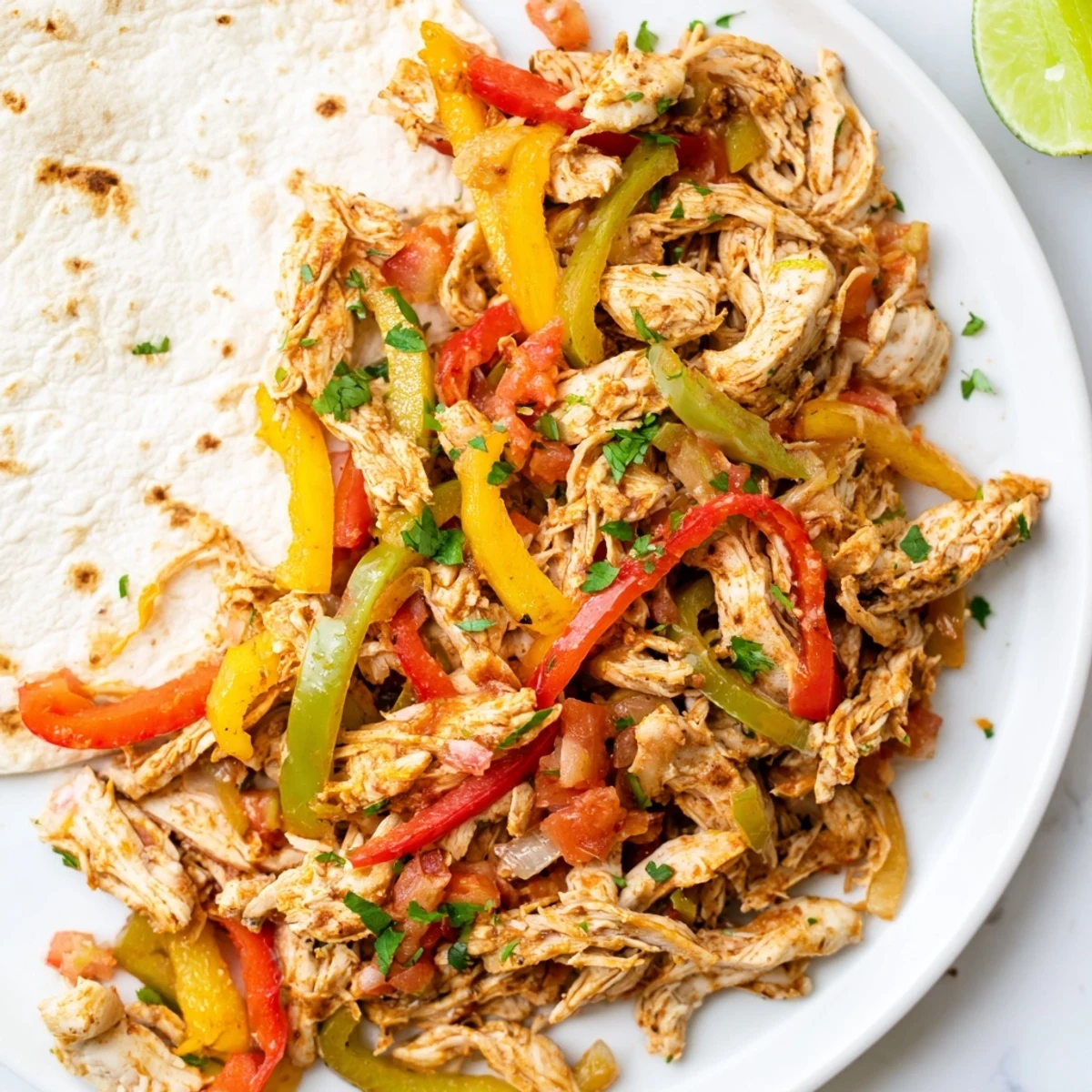 Hearty slow cooker chicken fajitas featuring spiced poultry nestled with red yellow and green peppers